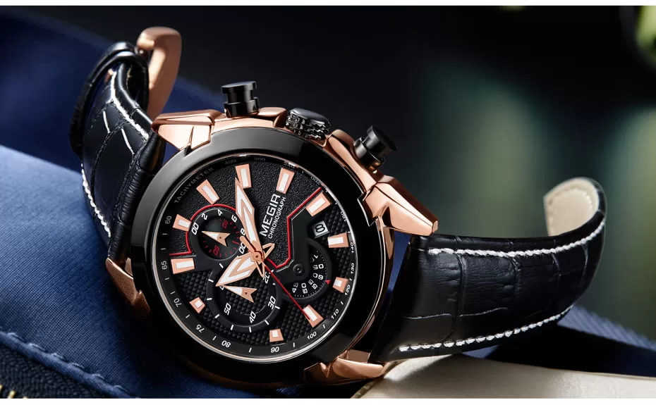 Megir 2065 Mens Genuine Leather Chronograph Watch - Black/Gold Megir 2065 Mens Genuine Leather Chronograph Watch - Black/Gold - Image 3