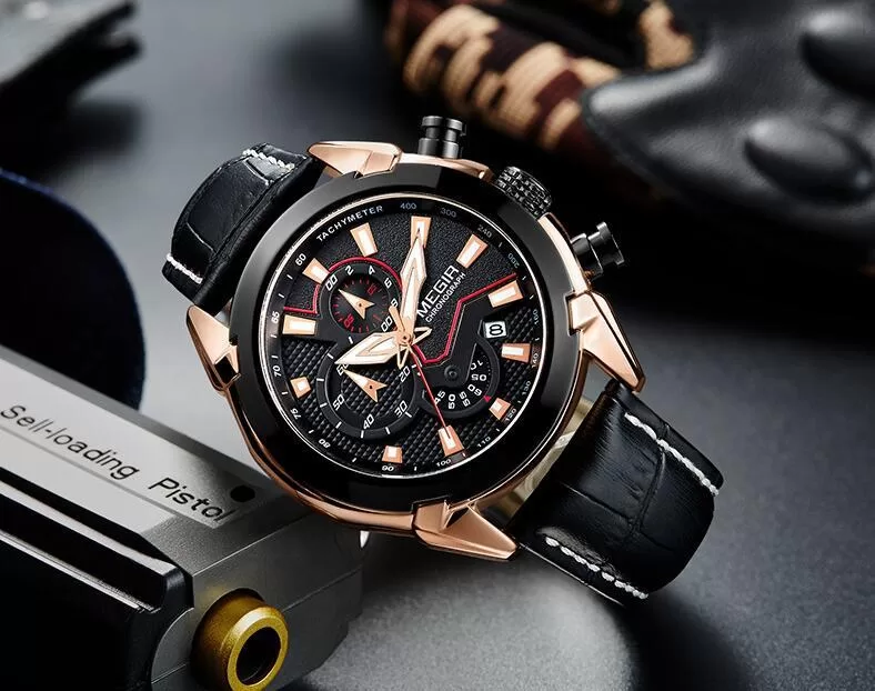 Megir 2065 Mens Genuine Leather Chronograph Watch - Black/Gold Megir 2065 Mens Genuine Leather Chronograph Watch - Black/Gold - Image 2