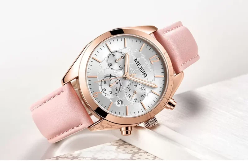 Megir 2115 Womens Chronograph Genuine Leather Watch - Pink | Vivid