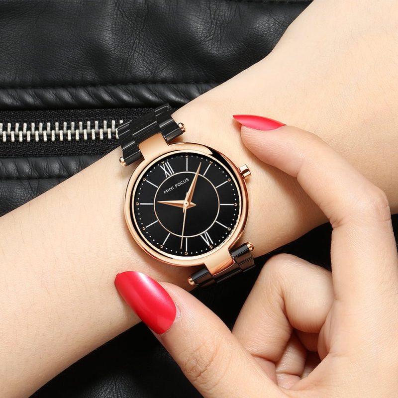 MINIFOCUS Chic Watches Women Quartz Clock Stainless Steel Strap Black Dial Top Brand Luxury Elegant Dress