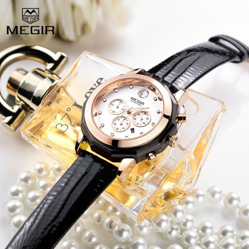 Megir 2042 Womens Chronograph Leather Watch - Black Megir 2042 Womens Chronograph Leather Watch - Black - Image 2