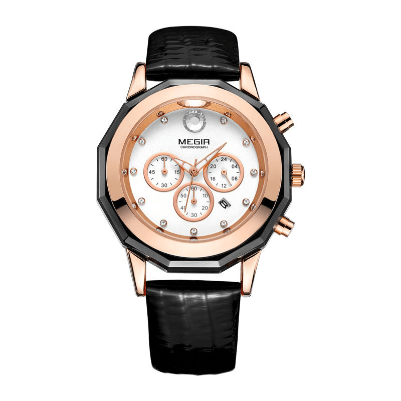 Megir 2042 Womens Chronograph Leather Watch - Black Megir 2042 Womens Chronograph Leather Watch - Black