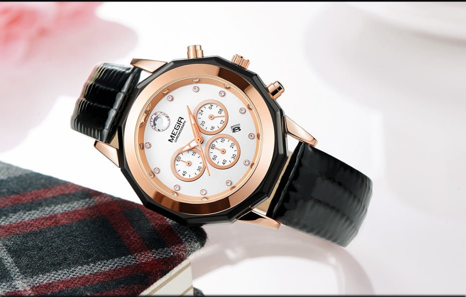 Megir 2042 Womens Chronograph Leather Watch - Black Megir 2042 Womens Chronograph Leather Watch - Black - Image 3