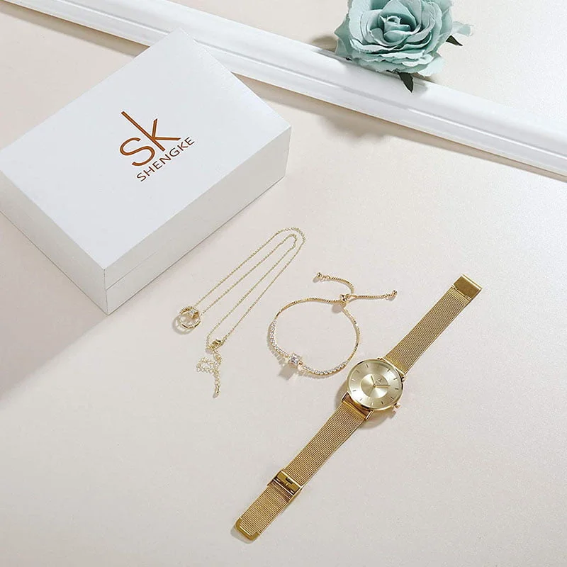 Alternative view of Shengke K0059 Jewelry Set (Bracelet, Necklace & Watch) - Gold