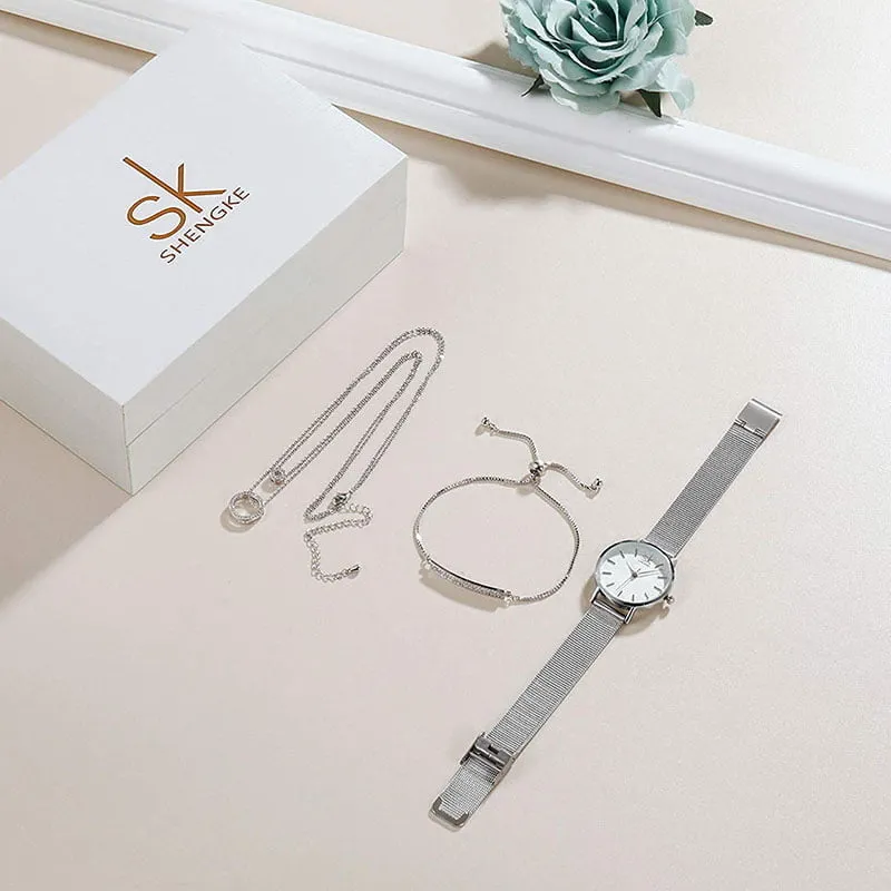 Alternative view of Shengke K0093 Jewelry Set (Bracelet, Necklace & Watch) - Silver