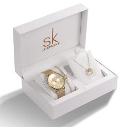 Shengke K0059 Jewelry Set (Bracelet, Necklace & Watch) - Gold