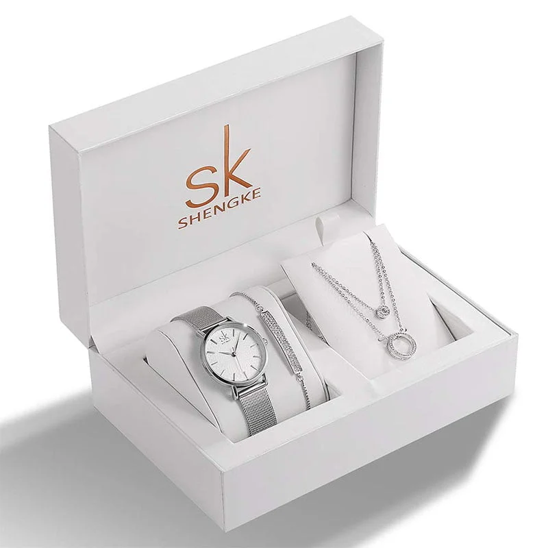 Shengke K0093 Jewelry Set (Bracelet, Necklace & Watch) - Silver