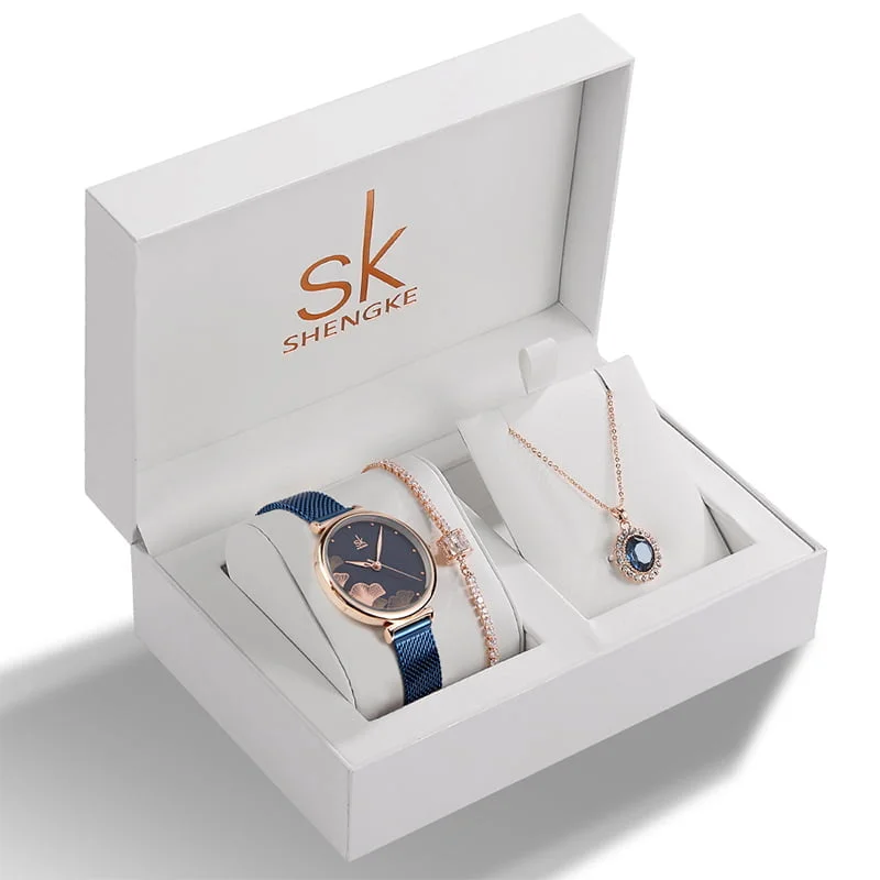 Home Shengke K0139 Jewelry Set (Bracelet, Necklace & Watch) - Blue