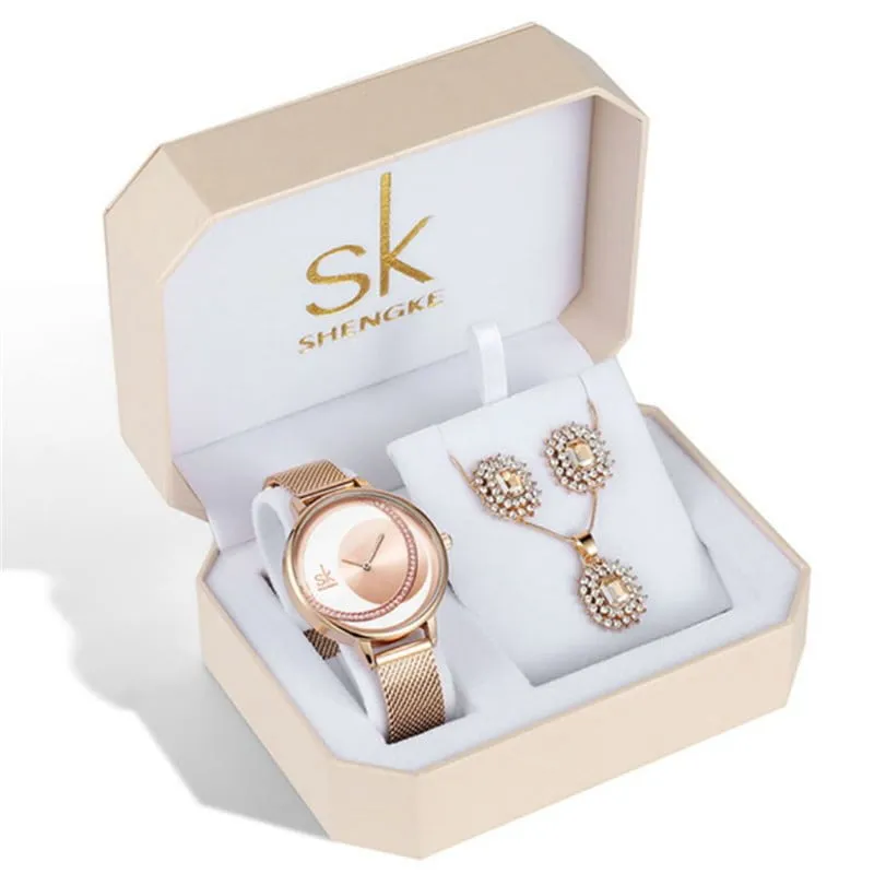 Shengke K0088 Jewelry Set (Earings, Necklace & Watch) - Rose Gold