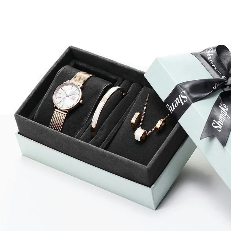 Shengke K0093 Jewelry Set (Earings, Bracelet & Necklace) - Rose Gold