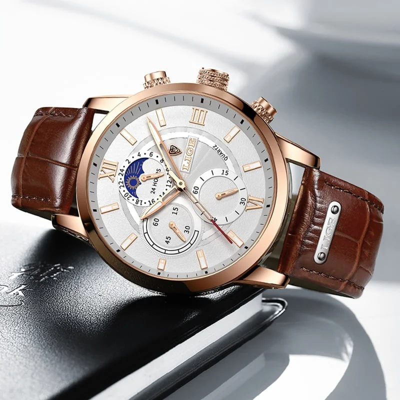 Lige 8932 Mens Chronograph Watch - Brown/White | Vivid Nuance