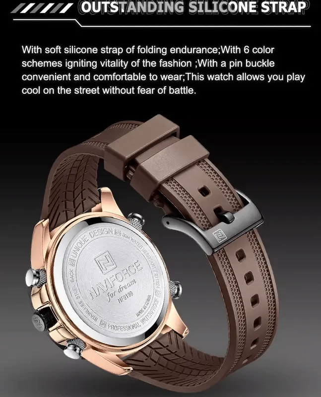 ロズブライアン様 Naviforce 9199 Mens Analog/Digital Watch - Brown | Vivid Nuance