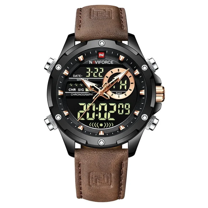 Naviforce 9208 Mens Analog/Digital Watch - Brown | Vivid Nuance