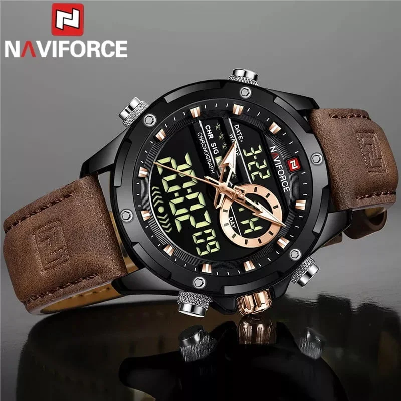 Naviforce 9208 Mens Analog/Digital Watch - Brown | Vivid Nuance
