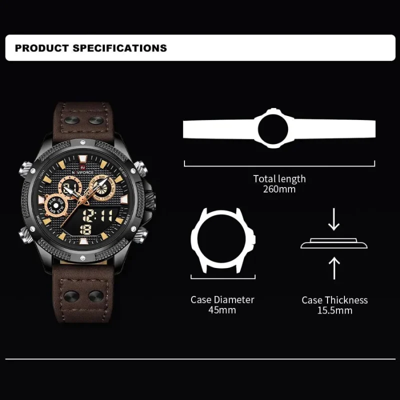 NAVIFORCE Brand Men s Digital Watch Waterproof Chronograph Sports Leather Strap Wristwatch Dual Display Digital Luminous 31d98354 1c87 402c a2e3 12a4a25bbdaf