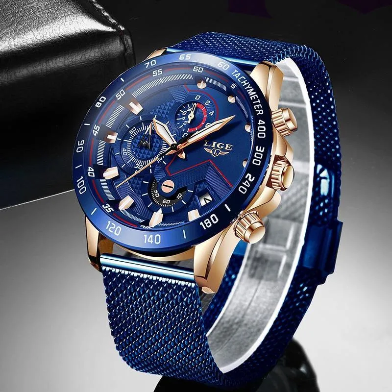 Alternative view of Lige 9982 Mens Chronograph Watch - Blue Mesh