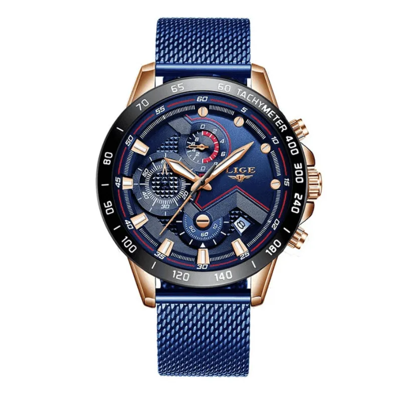 Lige 9982 Mens Chronograph Watch - Blue Mesh